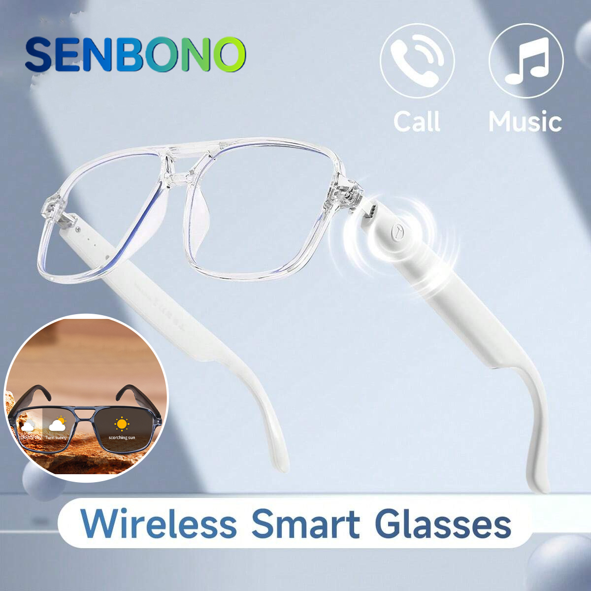 Photochromic Smart Sunglasses Audio - Okulary Inteligentne SENBONO Bezprzewodowe Audio Fotochromowe